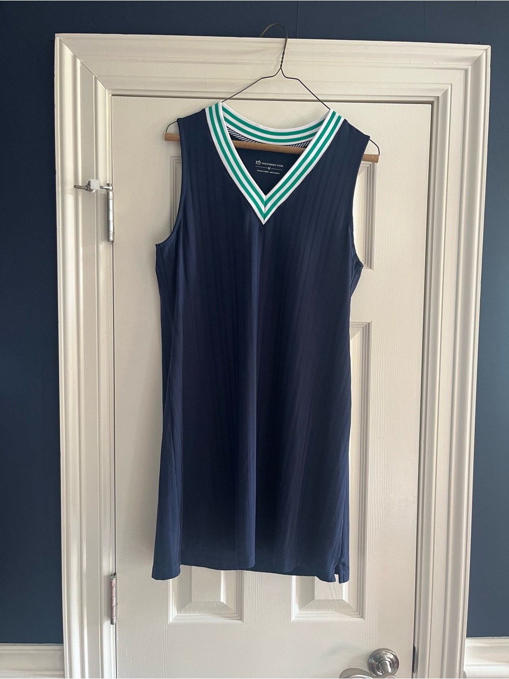 Southern Tide Sleeveless Navy Dress with Striped V-Neck
